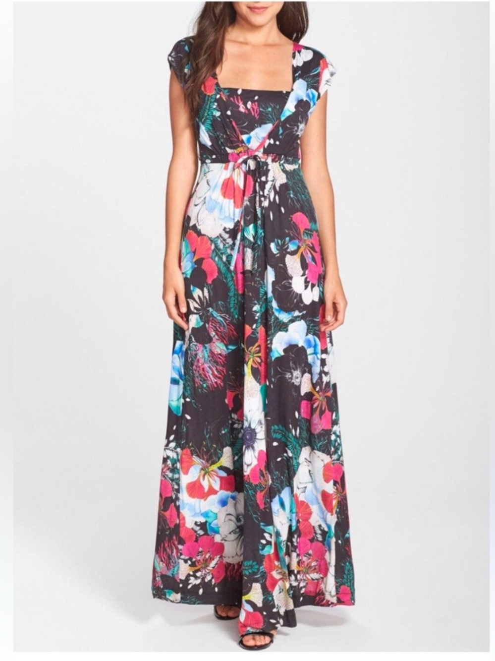 French Connection Tropical Floral Stretch Maxi Dress Sz 12 Resort Vacation Beach
